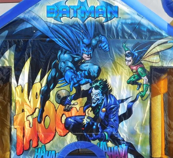 Close up of Batman, Robin, and Joker on the Batman Bounce House
